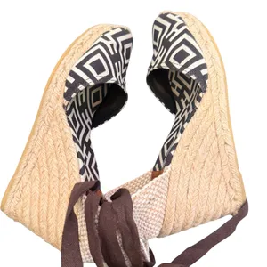 Tory Burch Wedge Espadrille Lace‎ Up Ankle Strap 38 Geometric Canvas Resortwear thumbnail 9