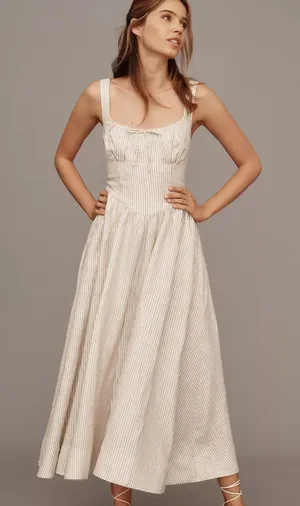 Reformation Balia Linen Midi Dress Size 10 Tan White Striped Smocked Sleeveless thumbnail 1