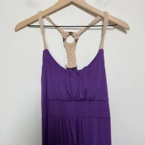 NEW y2k Bongo Women Milkmaid Maxi Dress Purple‎ Braided Macrame Racerback Floral thumbnail 6