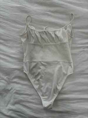 Princess Polly Cream Ribbed Tank Bodysuit with Tie Front thumbnail 3