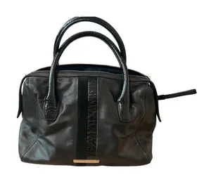 Cole Haan Black Soft Leather Satchel Handbag Gold Accents Navy Interior thumbnail 1