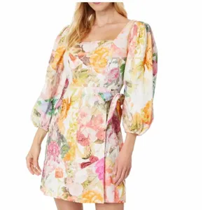 VINCE CAMUTO Floral Print Mini Dress Size 2 Pink Green Cotton‎ Linen Tie Waist thumbnail 8