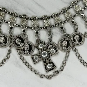Rhinestone Cross and Coin Charm Silver Tone Metal Chain Link Belt OS One Size thumbnail 6