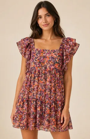 Lavender Brown‎ Floral Flutter Sleeve Tiered Mini Dress Orange Purple XS USA thumbnail 1