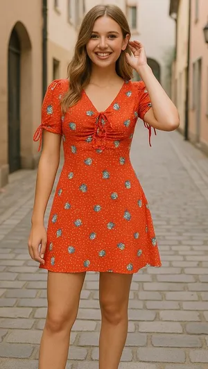 Red Floral Mini Dress Ruched Tie Front Lined Back Zip thumbnail 1