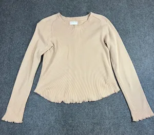 We The Free Free People Tan Waffle Knit Thermal‎ Long Sleeve Lettuce Hem Top M thumbnail 1