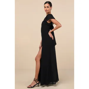 NWT Lulus Simply Delightful Black Tie-Back Flutter Sleeve Maxi Dress Slit Sz S thumbnail 5