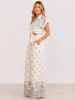 Cream Printed Wide-Leg Two-Piece Pant Set Small thumbnail 3
