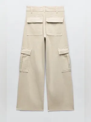 ZARA High Waisted Marine Cargo Jeans Raw Hem Khaki Beige Wide Leg Retro‎ Size 14 thumbnail 9