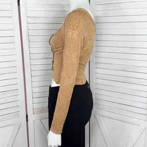 Kirious Boho Embroidered‎ Eyelet Tie Neck Long Sleeve Crop Top Tan XS thumbnail 2
