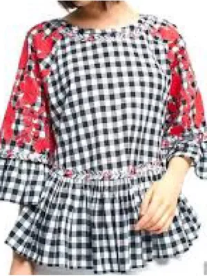 Anthropologie Panknj & Nidhi Tunic Women Medium Black Gingham Red Floral Peplum thumbnail 2