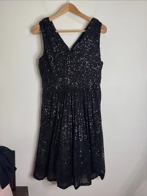 Draper James RSVP Glam Black Sequin V-Neck Midi A-line Cocktail Dress size 12 thumbnail 2