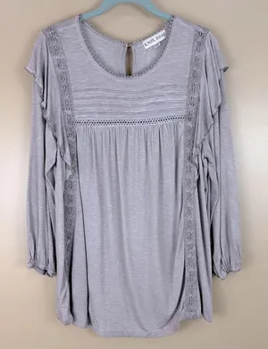 Knox Rose Light Gray Womens Lace Trim Ruffle Sleeve Blouse XXL Boho Feminine thumbnail 1