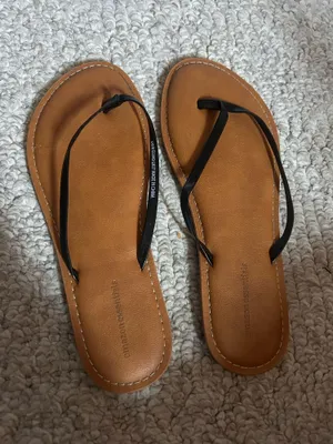 Women’s Leather Flip Flops, Black Strap Brown Size 9 thumbnail 1