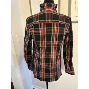 J. CREW Red Tartan Plaid Ruffle Blouse SizeSmall Jeweled ButtonUp Shirt Holiday thumbnail 2