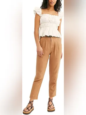 Free People Faded Love Linen Blend Trousers Camel Brown Women's 28 thumbnail 3