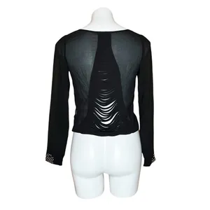 Do Be Black Sheer Mesh Long Sleeve Slashed Shredded Back Studded Cuff Top Small thumbnail 3