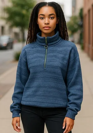 5/$65 Aerie Womens Sweater Sz S‎ Blue Funnel Neck Quarter Zip Green Stripe thumbnail 1