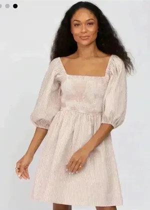 BIBI | Woman's NWT Taupe Tan White Striped Smocked Puff‎ Sleeve Dress, Size XL thumbnail 1