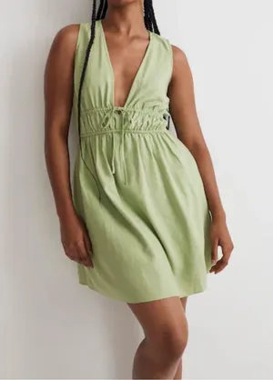 NWT MADEWELL Linen Sophia Deep V Mini Seedling Green Dress Medium thumbnail 1