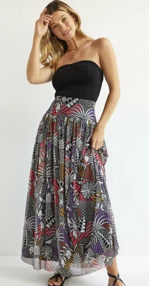 Farm Rio for Anthropologie Tropical Maxi Skirt Mesh Lined Black White Multi Smal thumbnail 1