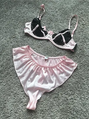 Pink and Black Lace Satin Bra & High-Waist Brief Set thumbnail 2