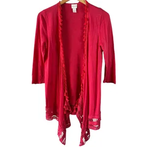 Chico’s Coral Linen Blend Open Front Tassel Cardigan Lightweight Size 1 Medium thumbnail 2