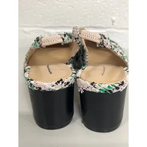 Ann Taylor Sz 7.5 Tweed Cap Toe Block Heel Slingback Pumps Black White Teal thumbnail 7
