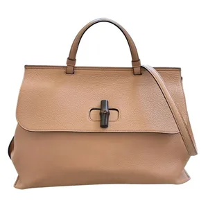 Gucci Large Bamboo Daily 370830 Camel Leather Top Handle 2Way Bag Striped Lining thumbnail 1