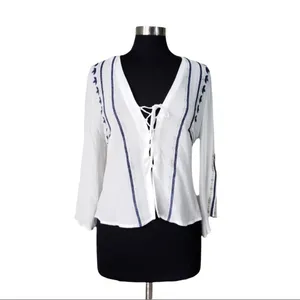 Lush Clothing Boho Peasant Blouse White Blue Embroidered Lace Up Bell Sleeve Top Womens L thumbnail 2