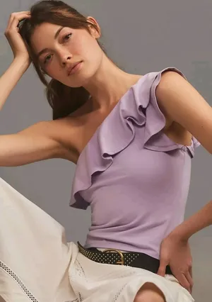 Maeve‎ Anthropologie -1635 NWT Lavender Ruffle One Shoulder Top Lavander Large thumbnail 1