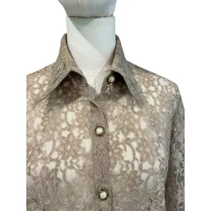 Floral Lace Blouse Button Down See Through Beige Long Sleeve Romantic Boho Chic thumbnail 3