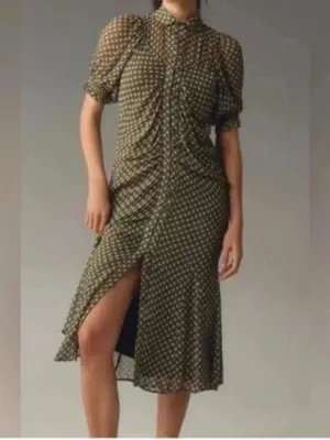 NWT Anthropologie Button Front Puff Sleeve Midi Dress -‎ Moss Green Floral 0 thumbnail 3