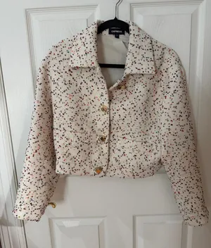 Express Cream Tweed Crop Blazer with Multicolor Speckle medium thumbnail 1