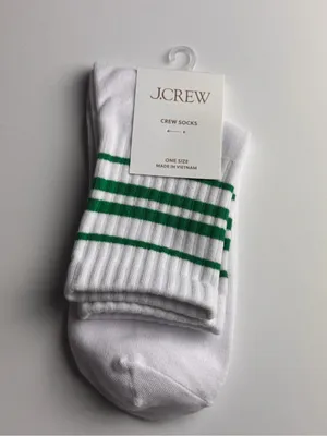 J. Crew White Crew Socks with Green Stripes New With Tag One Size thumbnail 2