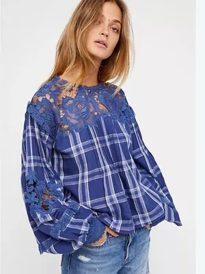 Free people Blue Plaid Lace Yoke Women's Top - Unbranded thumbnail 1