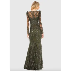 NWT Mac Duggal 20349 Olive Green Beaded V-Neck Gown‎ Long Sleeve Formal Sz 10 thumbnail 2