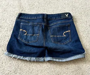American Eagle Denim Shorts Dark Wash Frayed Hem Cuffed Womens‎ thumbnail 1
