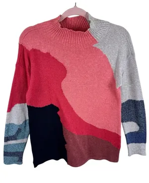 NIC+ZOE Womens Small Pink Red Abstract Colorblock Mock Neck Sweater S thumbnail 1