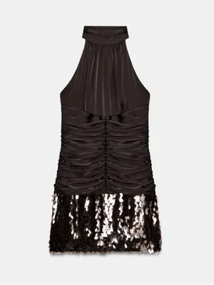 Zara Mini Dress Satin Brown Halter Ruched Sequin thumbnail 9