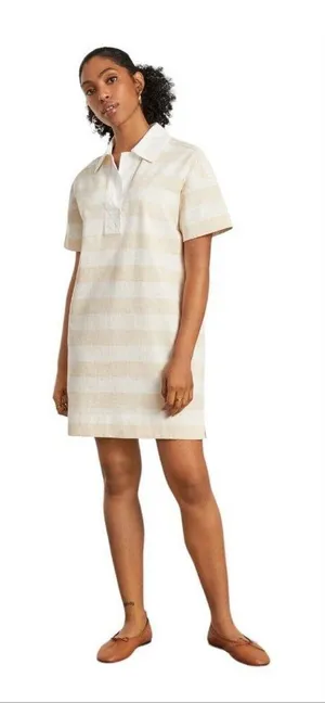 Everlane The Organic Cotton Polo Dress Short Sleeve Beige Striped‎ Size Medium thumbnail 1