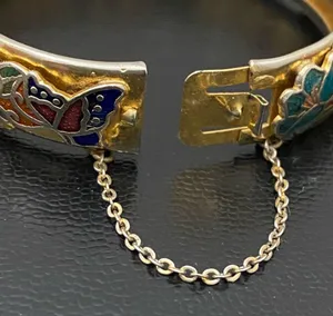Vintage Unsigned Gold-tone Floral Flower Cloisonne Hinged Bangle Bracelet 36.2g thumbnail 14