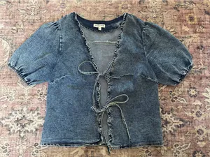 Main Strip Boutique Denim Puff Sleeve Tie Front Top thumbnail 1