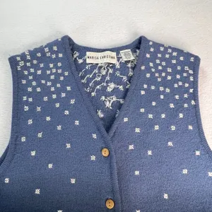 Vintage Marisa Christina 100%‎ Wool Snowman Winter Sweater Vest Blue Womens Med thumbnail 2
