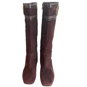 Tory Burch Brown Suede Riding Boots Snakeskin Gold Logo Knee High Sz 8 thumbnail 2