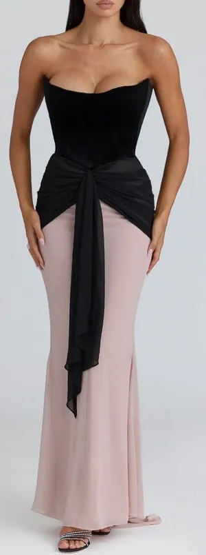NEW House of CB CLARA Black and Blush Chiffon Strapless Maxi Dress Size S thumbnail 1
