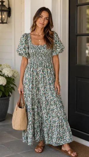Tuckernuck Anna Cate Floral Smocked Maxi Dress‎ Womens Small Puff Sleeve Cotton thumbnail 1