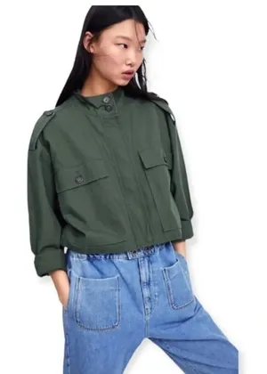 Zara military green Utility cropped jacket women size Medium thumbnail 1