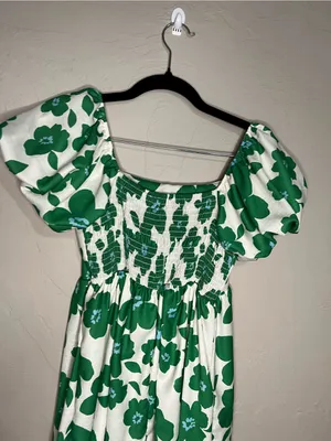 Altar’d State Cream Green‎ Floral Puff Sleeve Retro Babydoll Mini Dress thumbnail 9