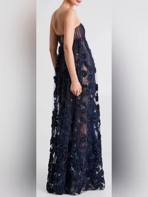 NEW HELSI Beatrice Strapless 3D Embellished Floral Sheer navy Gown sz XS thumbnail 2
